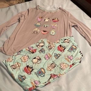 Secret Treasures 2ps long sleeve/long pants pajamas with cats and coffee details